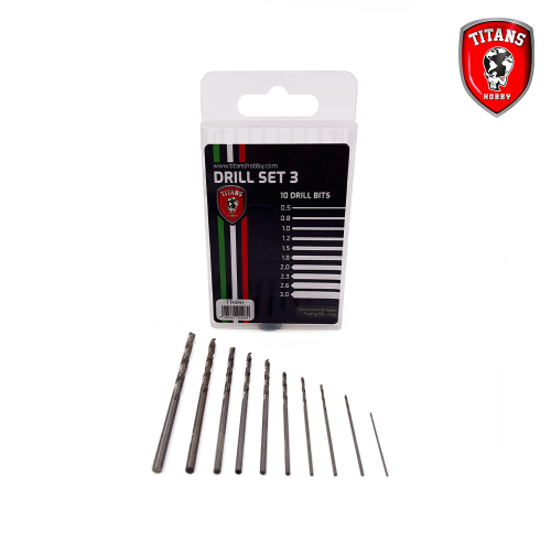 TITANS HOBBY: Set #3 of 10 modelling drill bits (mm.0,5-0,8-1,0-1,2-1,5-1,8-2,0-2,3-2,6-3,0)
